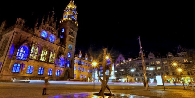 Illuminated St. Johann Town Hall during the Max Ophüls Prize film festival