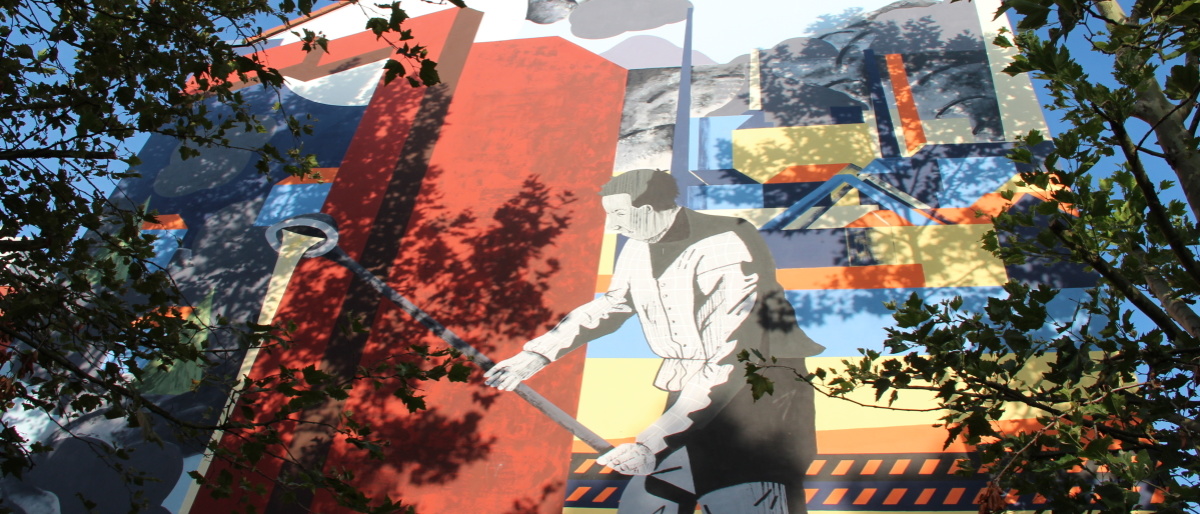 Kunst-Graffito mit Burbacher Hütte, Stahlgließerei, Arbeiter. 