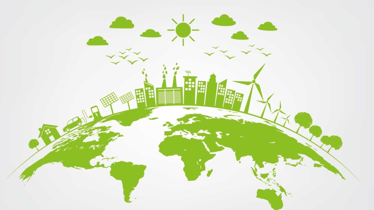 Erdoberfläche mit erneuerbaren Energieformen, Bäumen, Sonne, Wolken, Windrädern, grün auf weißem Hintergrund