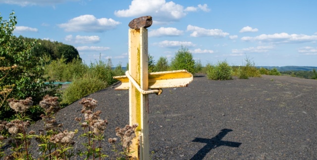 Haldenplateu mit spärlicher Vegetation und Ausblick in die Umgebung