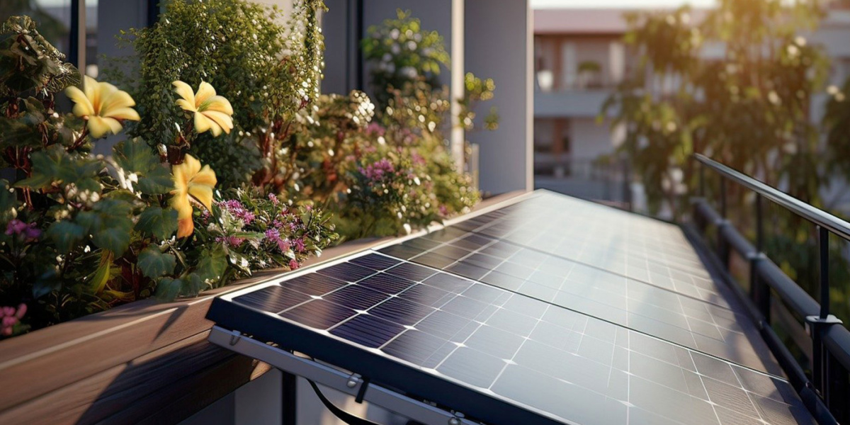Ein Balkonkraftwerk, steckfertige PV-Anlage, an einem privaten Balkon vor Blumenkästen