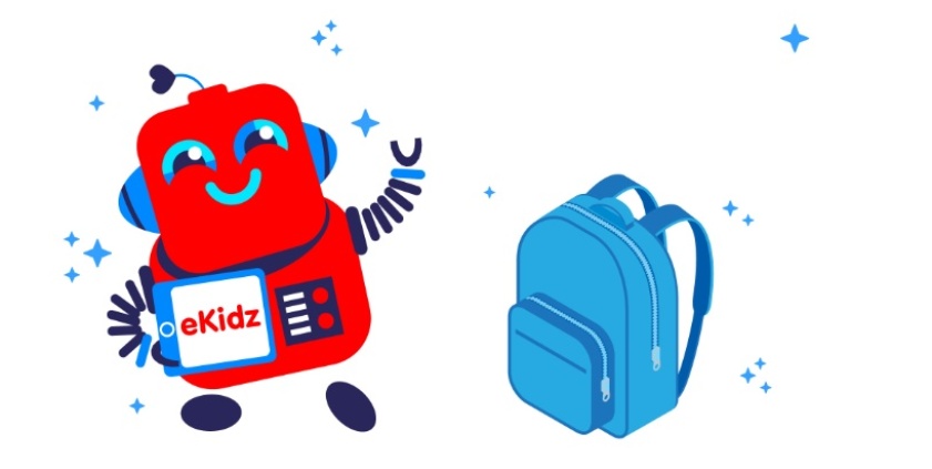 llustration zur eKidz-App mit Roboter und Rucksack