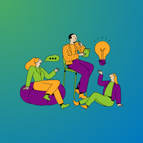 Grafik zeigt Figuren, die zusammen sitzen und Ideen erarbeiten