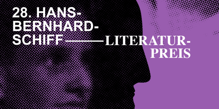 Grafik zum Hans-Bernhard-Schiff-Literaturpreis 2025  in lila und schwarz mit dem Text: 28. Hans-Bernhard-Schiff Literaturpreis