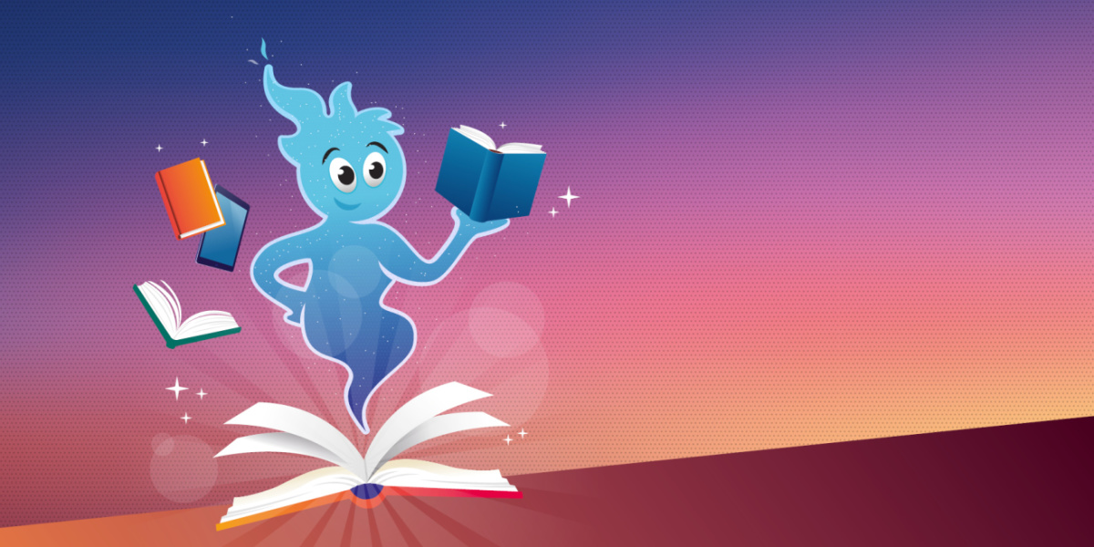 Das Bild zeigt im Mittelpunkt einen blauen, geisterartigen Charakter, der aus einem geöffneten Buch herauskommt und Bücher in der Hand hält. Um ihn herum schweben weitere Bücher und ein Tablet. Der Hintergrund ist ein Farbverlauf von dunklem Lila zu Hellr