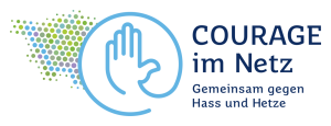 Logo mit einer skizzierten Hand in einem Kreis, farbigen Punkten links und dem Text „Courage im Netz Gemeinsam gegen Hass und Hetze“ rechts.