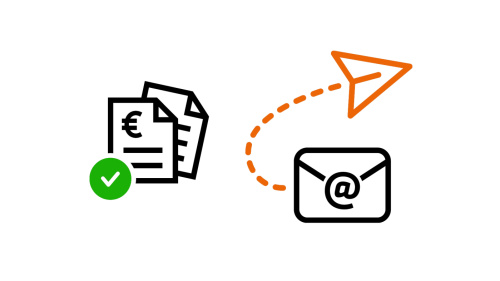 Icons Online-Bescheid. Icons Online-Bescheid. Papiersymbole, ein orange Pfeil und ein E-Mail Postfach Symbol.