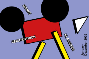 Plakat mit stilisierter Filmkamera in Mickey-Mouse-Form und den Worten „Disney Zeichentrick Klassiker“. Plakat mit stilisierter Filmkamera in Mickey-Mouse-Form und den Worten „Disney Zeichentrick Klassiker“.