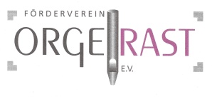 Schriftzug Orgelrast in grau und pink, bei dem das L durch eine Orgelpfeife ersetzt ist