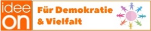 Logo Idee On und Schriftzug Für Demokratie & Vielfalt in orangefarbener Schrift