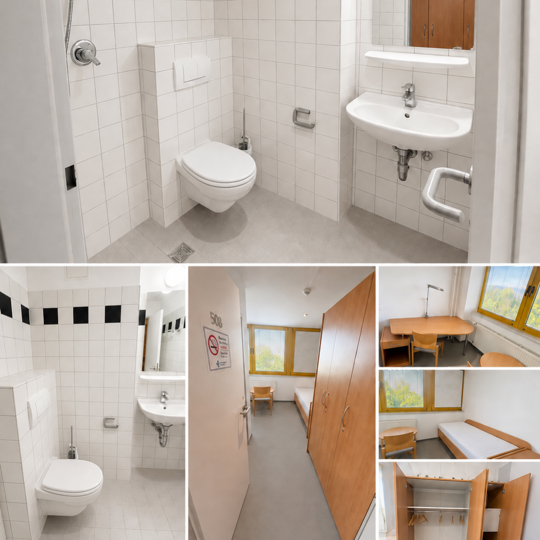 Collage mit Bad, Blick ins Zimmer mit Schrank, Schreibtisch, Bett und Stuhl
